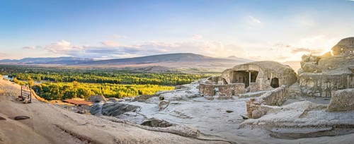 Wide angle panoramic view to Uplistsikhe cave city.Georgia