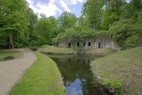 Egeria Grotto, landscape with pond, castle park, Rheinsberg, Ruppiner Switzerland, Ruppiner Land,