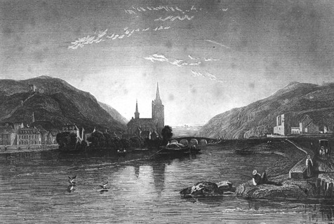 View of Bingen on the Rhine, illustration, reproduction from a 19th century model. Authentic, file