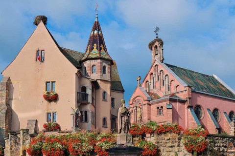 Castle with St. Leo IX chapel and statue of Pope Leo IX, Eguisheim, Haut-Rhin, Alsace, Grand Est,