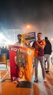 Thousands of Galatasaray fans gather in the streets to celebrate the club winning the Turkish Super