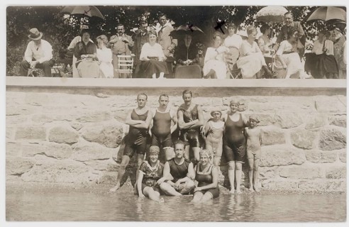 Bathing, swimwear, leisure, summer, swimming, woman, men, river, group of people in bathing suits