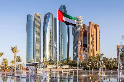 Abu Dhabi Skyline Etihad Towers skyscrapers with fountains in Abu Dhabi, United Arab Emirates