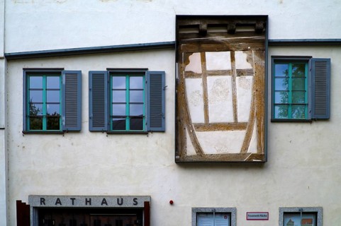 Historic half-timbered façade, heritage-protected building, town hall, old town, Bad Cannstatt,