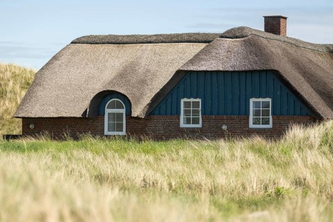 Traditional thatched house, Sortebærdalen Strand, Houvig, North Sea, Denmark