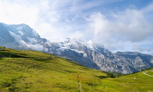 Mountain landscape with peaks Eiger, Mönch and Jungfrau, Jungfrau region, Bernese Oberland,