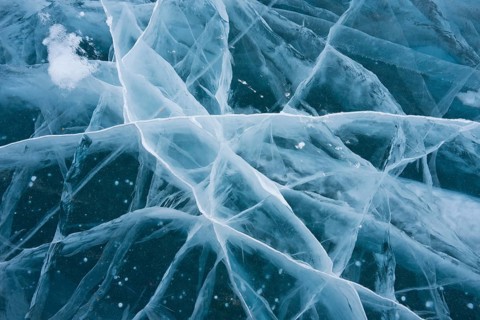Ice with cracks at minus 27 degrees Celsius, Lake Khövsgöl Nuur, frozen to a depth of one metre,