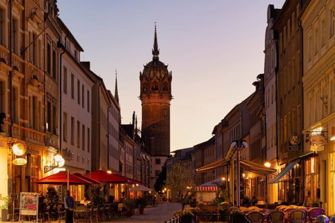 Night view, restaurants, tower, castle tower, castle church, old town, Luther city Wittenberg,