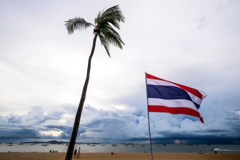 Sandy beach beach, palm tree and Thailand flag, Pattaya, Thailand
