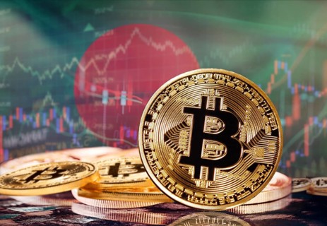 Bitcoin with Bangladeshi flag in the background. Investors in cryptocurrency and Blockchain