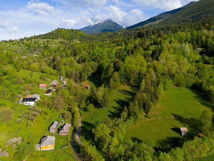 Green hill and forest landscape with scattered houses and mountainous background in sunny weather,