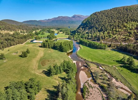 Aerial view of the course of Clunie River near Braemar, Cairn Gorms national Park, Scotland, UK