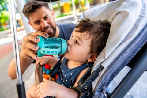 Father holding a drinking bottle for his young child sitting in a stroller, ensuring hydration