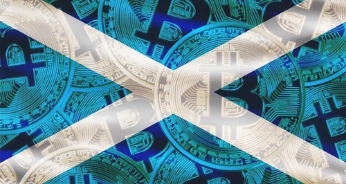 Scottish flag with Bitcoins in the background. Investors in cryptocurrency and Blockchain