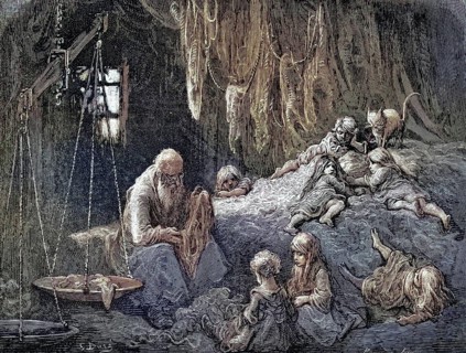 An old man with a long beard sits bent over to the left and sorts or patches rags. Several