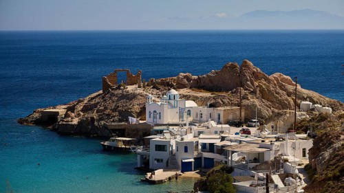 Agios Nikolaos Church, View of Coast with Ruins and Buildings in Front of Blue Sea, Palio