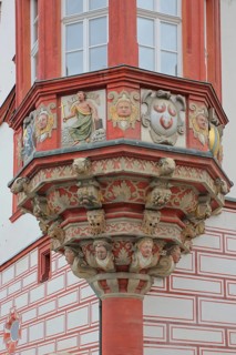 Bay window with ornaments and series of heads, crafts, painting, sculptures, reliefs, Renaissance,