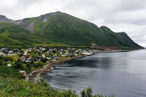 Fishing village Fjordgard, coastline on Ornfjorden fjord, Troms, Norway