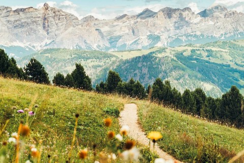 Aerial view Beautiful Dolomites mountain landscape Italy rocky jagged peaks green alpine valley