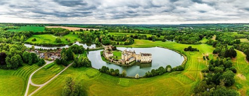 Panorama of Leeds Castle from a drone, River Len, Kent, England, United Kingdom