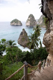Breathtaking view of the sea with rocks and palm trees, a path leads along the coastline, Diamond