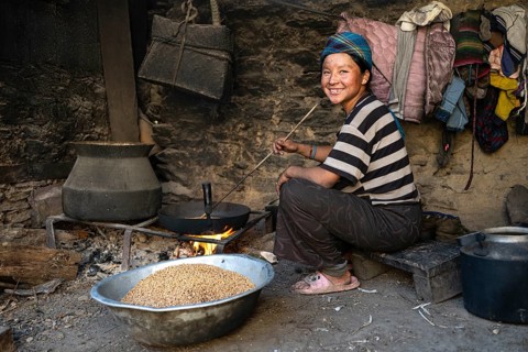 Young woman, Nepalese woman, local of the Tsumba Tibetan ethnic group roasting barley over a fire,