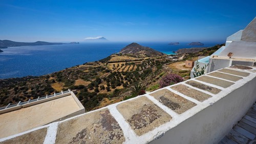 Church, Panagia Corfiatissa, view over olive groves to the coast, panorama under clear sky, Plaka,
