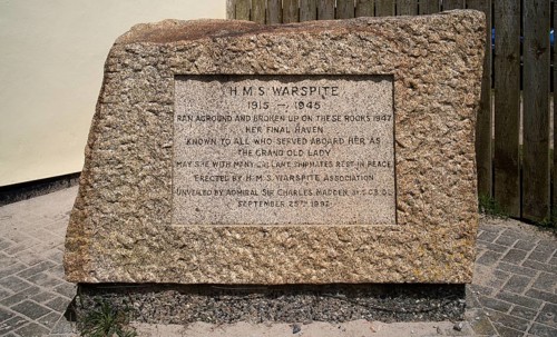 Memorial plaque, stone tablet, commemorating the HMS Warspite accident, St Michael's Mount,