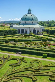 View of the flower garden and rotunda from the colonade, Kromeríž, Zlínský kraj, Czech Republic