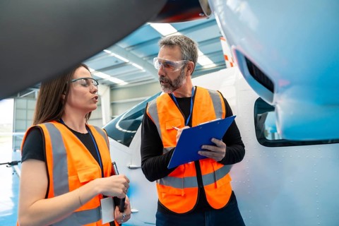 Aviation engineers in safety vests and glasses collaborating in a hangar to inspect and maintain an