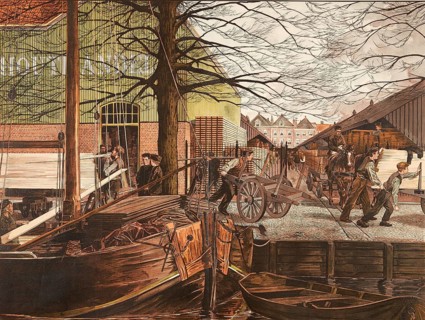 Waterfront lumber shop where workers unload and transport timber from a boat. Workers unload a