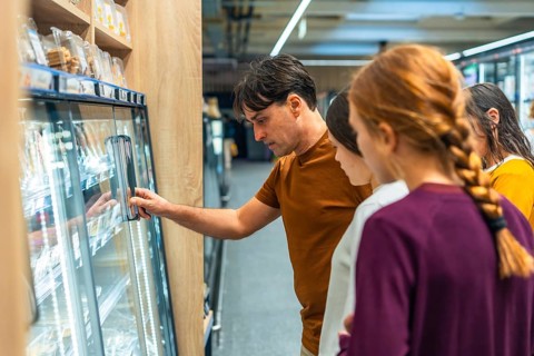 Family shopping together for fresh products in the supermarket, with a father and his daughters