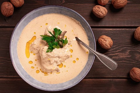 Satsivi, Georgian dish, chicken in nut sauce, cold appetizer, rustic, no people, homemade