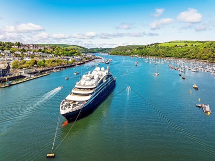 Le Bellot cruising ship on River Dart from a drone, Ponant Explorers, Dartmouth and Kingswear,