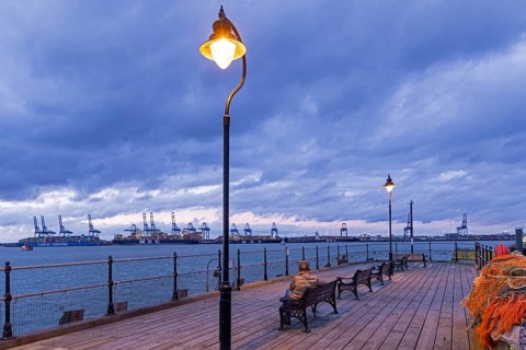 Pier overlooking Felixstowe container port, Harwich, England, Great Britain