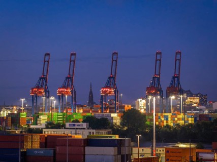 View over the Container Terminal Burchardkai (CTB) in Hamburg-Waltershof with container gantry