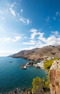 View of Chóra Sfakion on the Libyan Sea, with the Leka Ori or White Mountains in the back, Sfakia