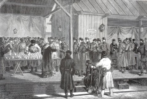 Catering for Russian soldiers, volunteers, by the Red Cross in a barrack or catering station.