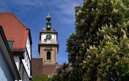 Church tower, Protestant City Church, Town Hall, Old Town, Bad Cannstatt, Stuttgart,