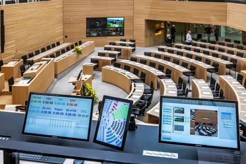 Empty meeting room in front of the start of the plenary session. Constituent session of the 18th