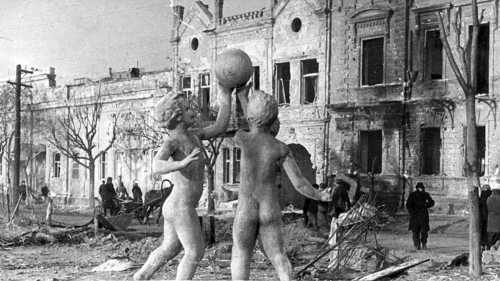 Ruined square with figures, Sevastopol, Crimea, Ukraine 1944 World War II. In October 1941, the