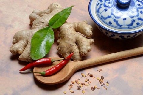 Ginger, ginger root with kaffir lime leaf and chili pepper