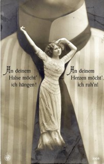 Photo montage, An dein Halse möcht ich hang, woman in vintage dress in front of an oversized shirt