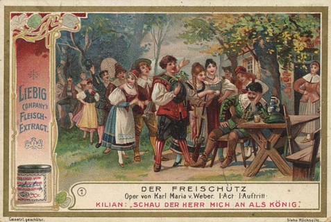 Picture series Der Freischütz, Kilian how he mocks Max, Liebigbild, digitally restored reproduction