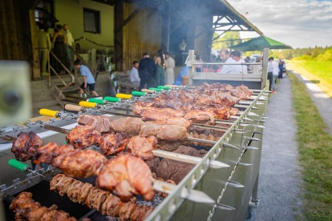 Meat skewers on a grill at an outdoor event, wedding, Grossglattbach, Germany