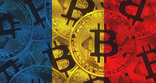 Romanian flag with Bitcoins in the background. Investors in cryptocurrency and Blockchain