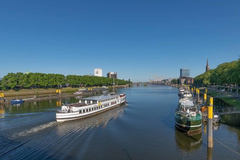 Oceana on the move, pier for excursion boats on the Weser promenade, Hanseatic city of Bremen,