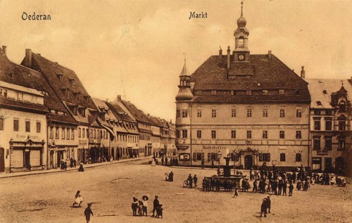 Oederan marketplace in Saxony around 1900, Germany, authentic reproduction of an old postcard,