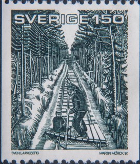 Railway builders in northern Sweden. Picture on Swedish postage stamp