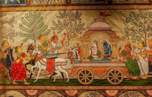 Pattachitra painting representing hindu deities and female devotees. Exhibited in the Mahant